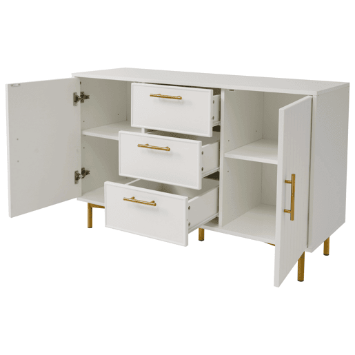 Cómoda decorada com riscas verticais - 3 gavetas e 2 portas com prateleiras reguláveis - Branco