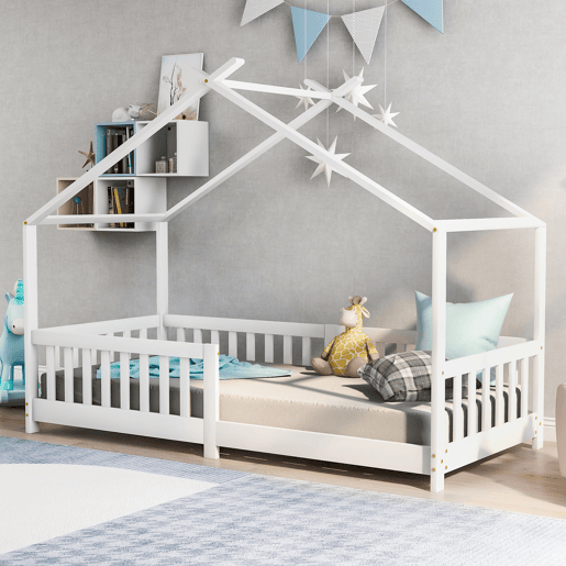 Cabina-cama para crianças 90x200cm em madeira maciça com proteção anti-queda e estrado de ripas - Branco