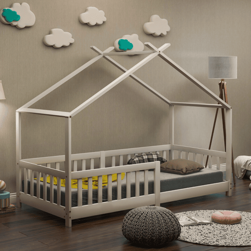 Cabina-cama para crianças 90x200cm em madeira maciça com proteção anti-queda e estrado de ripas - Branco