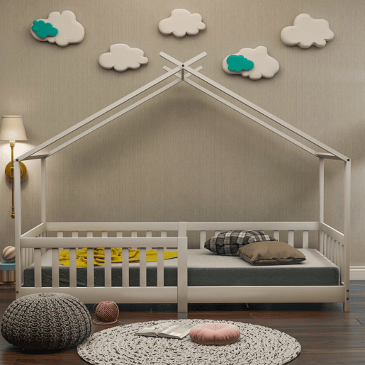 Cabina-cama para crianças 90x200cm em madeira maciça com proteção anti-queda e estrado de ripas - Branco