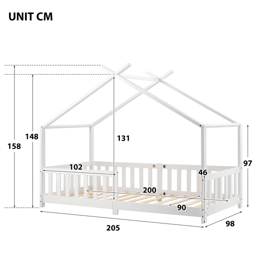 Cabina-cama para crianças 90x200cm em madeira maciça com proteção anti-queda e estrado de ripas - Branco