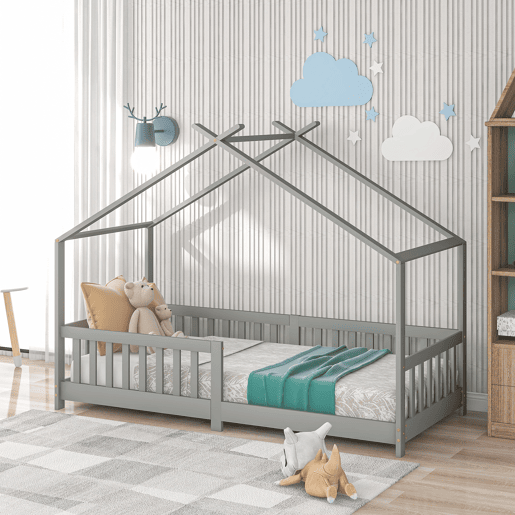Cabina-cama para crianças 90x200cm em madeira maciça com proteção anti-queda e estrado de ripas - Cinzento