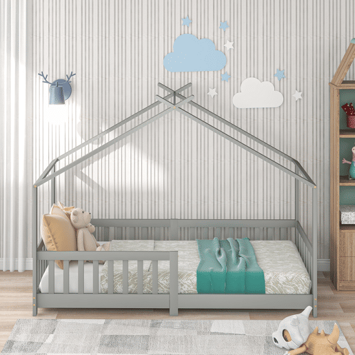 Cabina-cama para crianças 90x200cm em madeira maciça com proteção anti-queda e estrado de ripas - Cinzento