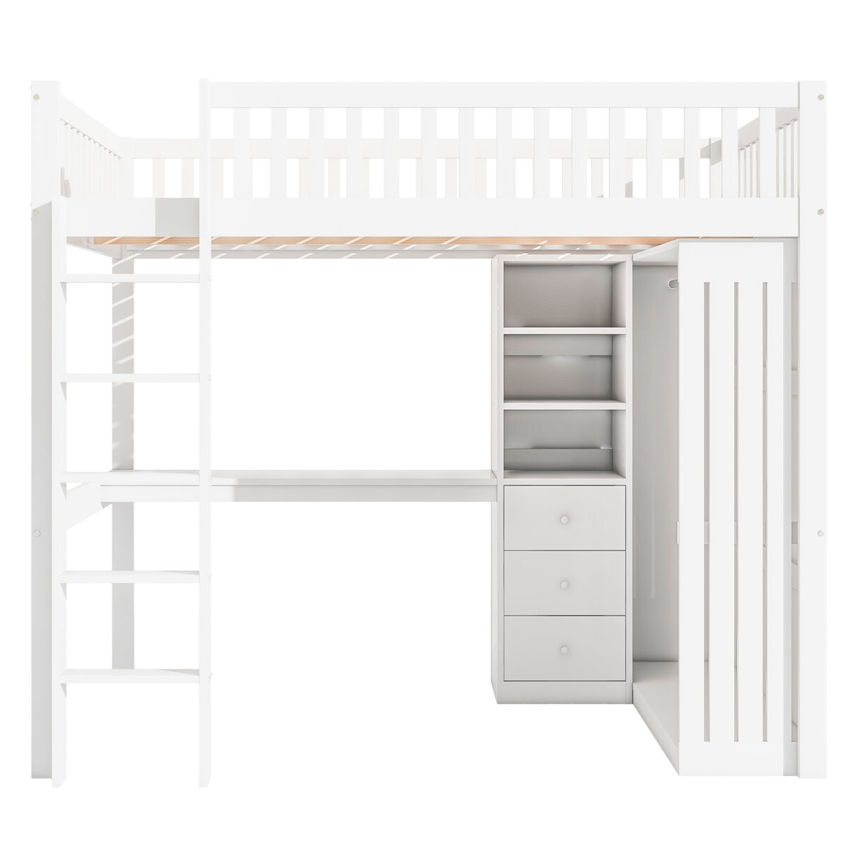 Cama alta de madera de 140x200 cm - con escritorio y armario - blanco