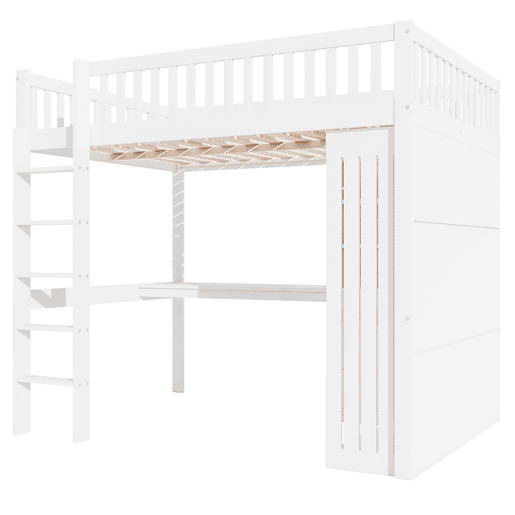 Cama alta de madeira 140x200 cm - com secretária e roupeiro - Branco