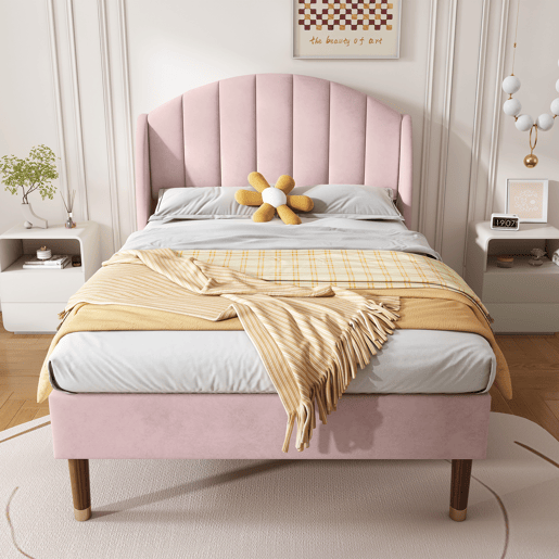 Cama estofada em veludo com estrado de ripas 90x200 cm - Rosa