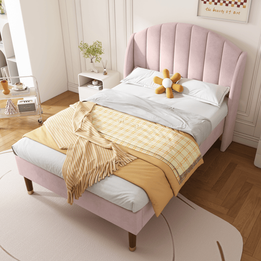 Cama estofada em veludo com estrado de ripas 90x200 cm - Rosa