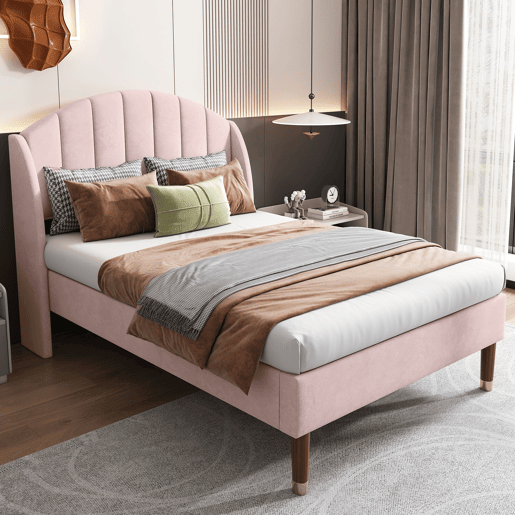 Cama estofada em veludo com estrado de ripas 90x200 cm - Rosa
