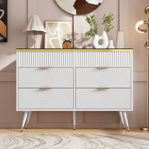 Cómoda com 6 gavetas e compartimentos divididos - tampo de vidro - Branco