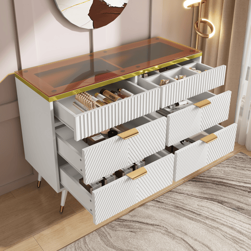 Cómoda com 6 gavetas e compartimentos divididos - tampo de vidro - Branco