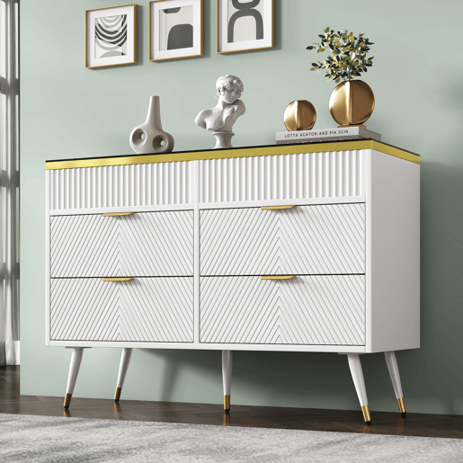 Cómoda com 6 gavetas e compartimentos divididos - tampo de vidro - Branco