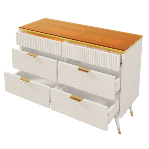 Cómoda com 6 gavetas e compartimentos divididos - tampo de vidro - Branco