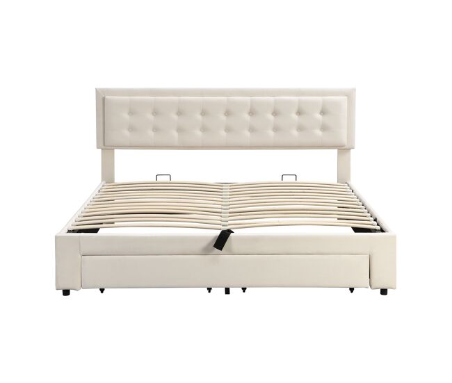 Cama contenedor acolchada 160x200cm en terciopelo - con cajón y somier - beige (sin colchón)