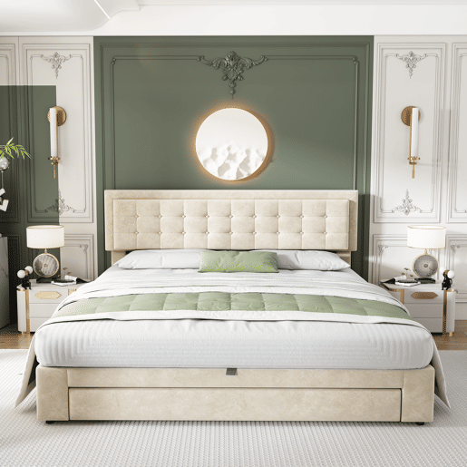 Cama contentor estofada em veludo 160x200cm - com gaveta e estrado de molas - Bege (sem colchão)