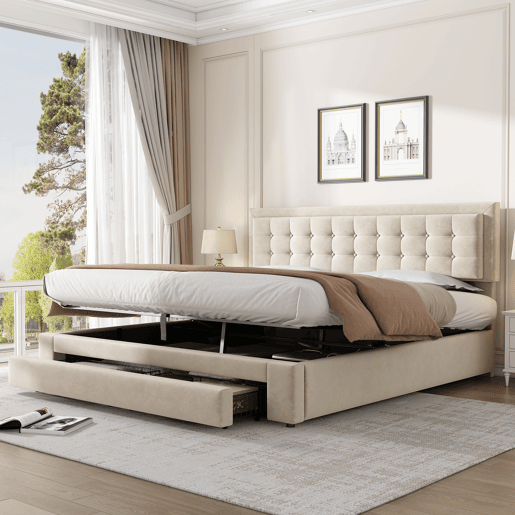 Cama contentor estofada em veludo 160x200cm - com gaveta e estrado de molas - Bege (sem colchão)