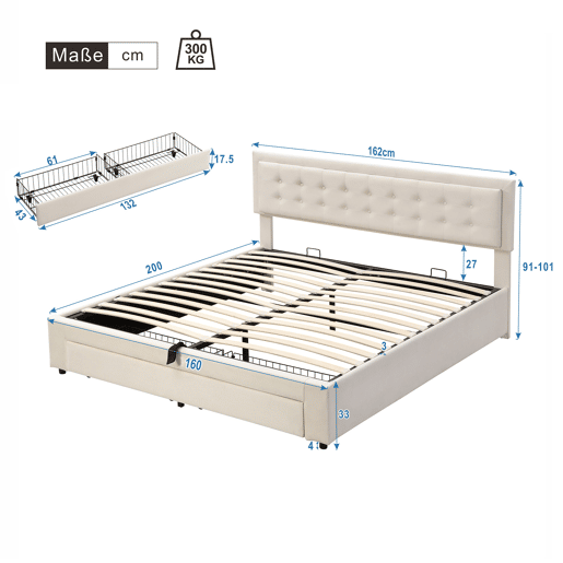 Cama contentor estofada em veludo 160x200cm - com gaveta e estrado de molas - Bege (sem colchão)