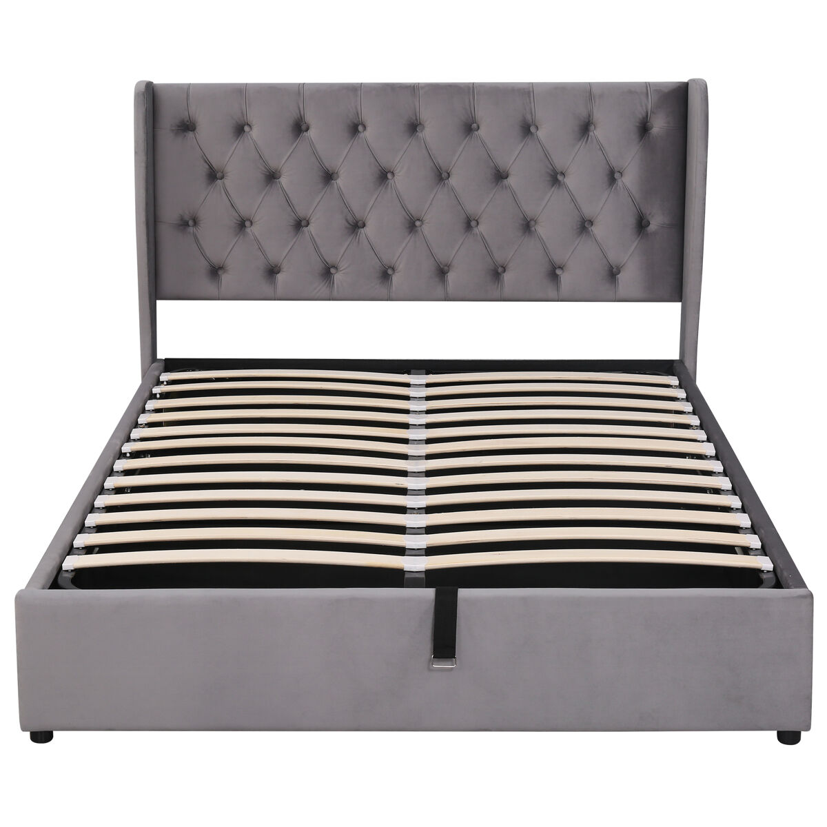 cama contenedor acolchada de terciopelo 140x200 cm con somier de laminas - gris