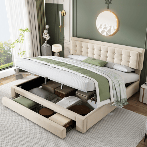Cama contentora estofada 180x200cm em veludo - com gaveta e estrado de molas - Bege (sem colchão)