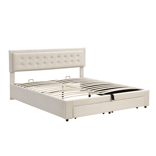 Cama contentora estofada 180x200cm em veludo - com gaveta e estrado de molas - Bege (sem colchão)