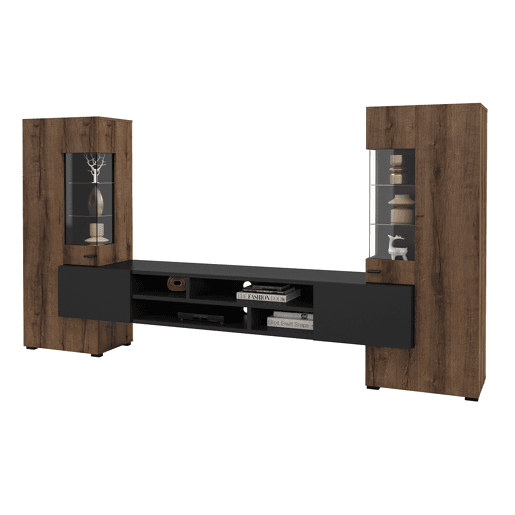 Conjunto de suportes para TV e 2 armários Akram em madeira Wenge e preto