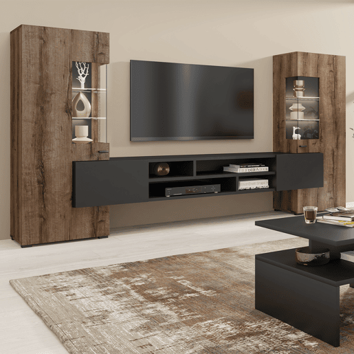 Conjunto de suportes para TV e 2 armários Akram em madeira Wenge e preto