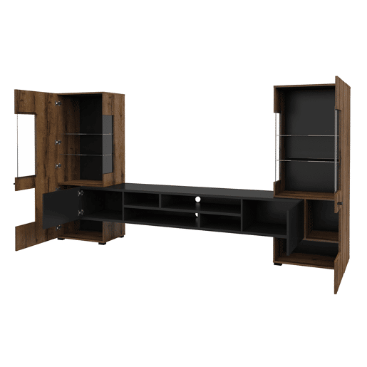 Conjunto de suportes para TV e 2 armários Akram em madeira Wenge e preto