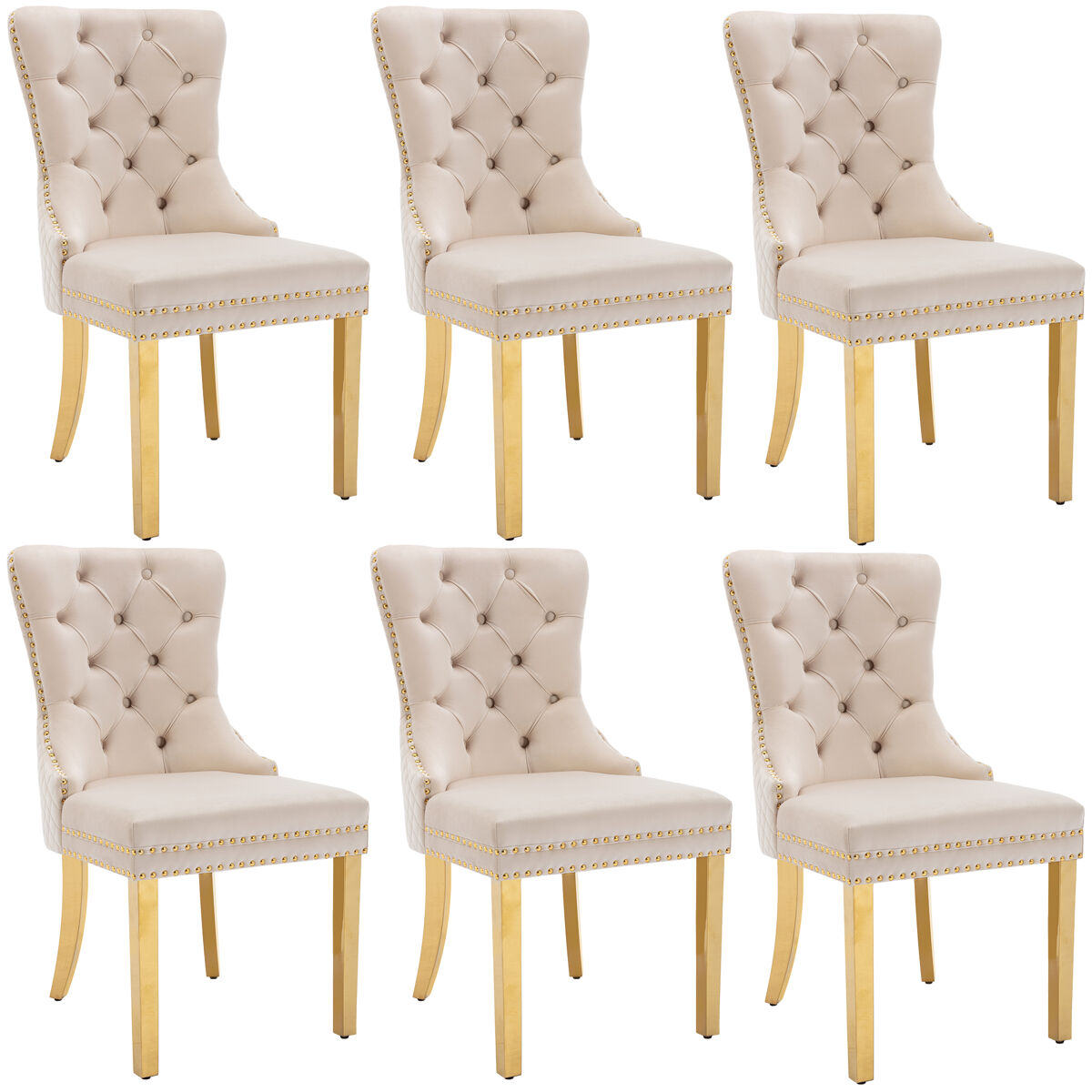 Juego de 6 sillas de terciopelo con patas de metal - beige