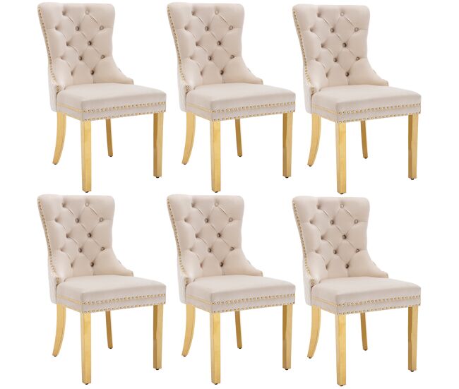 Juego de 6 sillas de terciopelo con patas de metal - beige