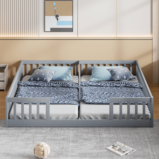 Cama de criança 2x90x200cm madeira maciça - com calhas - sem estrado - Cinzento