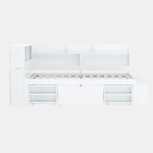 Cama em MDF 90x200cm - com arrumação multifunções e pequena estante extraível - com estrado de ripas - Branco