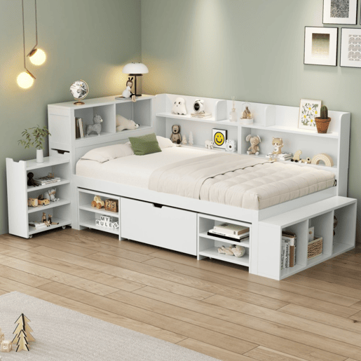 Cama em MDF 90x200cm - com arrumação multifunções e pequena estante extraível - com estrado de ripas - Branco