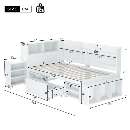 Cama em MDF 90x200cm - com arrumação multifunções e pequena estante extraível - com estrado de ripas - Branco