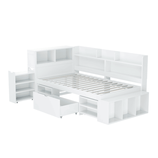 Cama em MDF 90x200cm - com arrumação multifunções e pequena estante extraível - com estrado de ripas - Branco