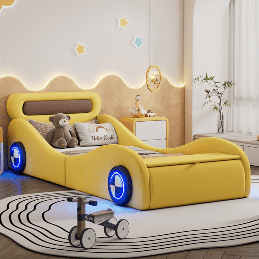 Cama de criança 90x200cm - Cama almofadada em forma de carro com rodas iluminadas - Amarelo