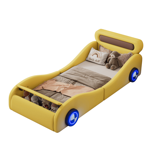 Cama de criança 90x200cm - Cama almofadada em forma de carro com rodas iluminadas - Amarelo