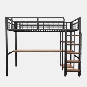 Cama alta de metal 90x200 cm - com secretária e escada de segurança - Preto
