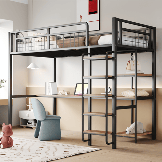 Cama alta de metal 90x200 cm - com secretária e escada de segurança - Preto