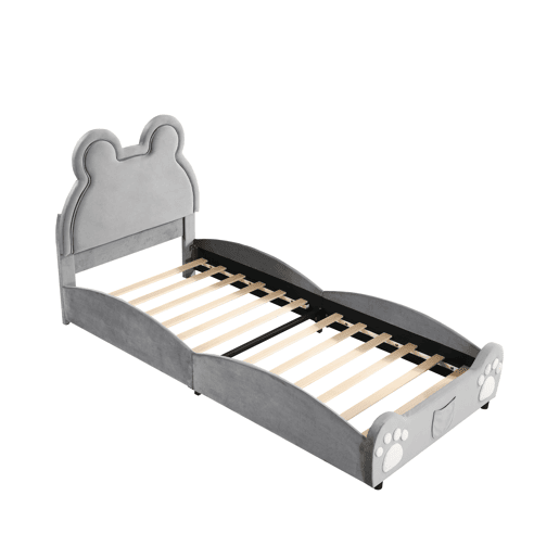 Cama de criança 90 x 200 cm - forma de urso - tecido de veludo - Cinzento