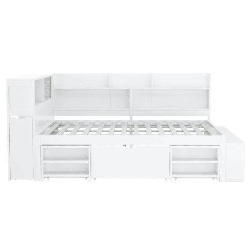 Cama em MDF 140x200 cm - com arrumação multifunções e uma pequena estante extraível - com estrado de ripas - Branco