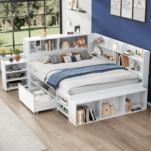 Cama em MDF 140x200 cm - com arrumação multifunções e uma pequena estante extraível - com estrado de ripas - Branco