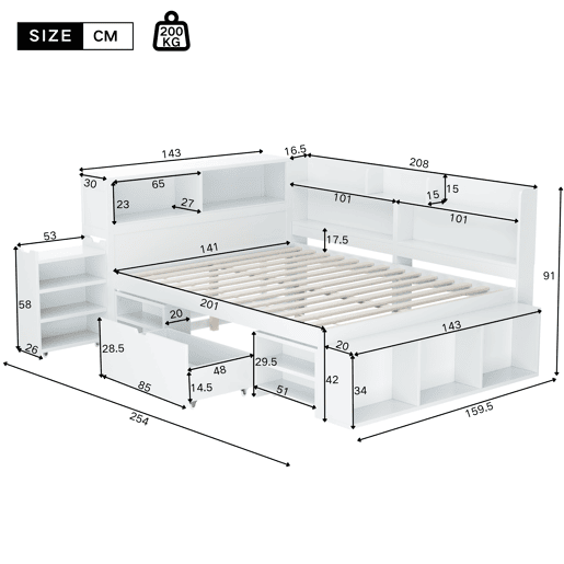 Cama em MDF 140x200 cm - com arrumação multifunções e uma pequena estante extraível - com estrado de ripas - Branco