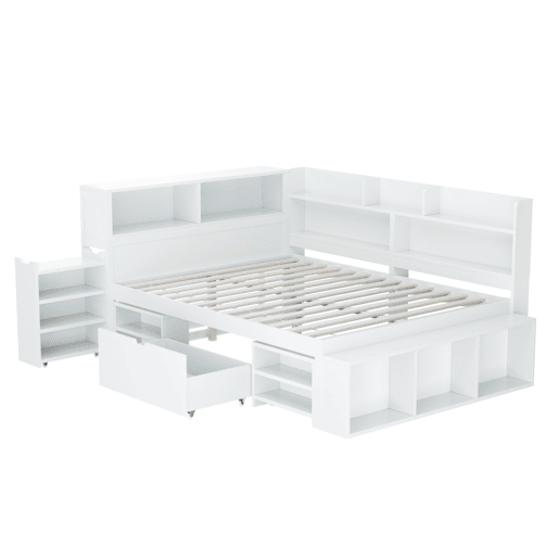 Cama em MDF 140x200 cm - com arrumação multifunções e uma pequena estante extraível - com estrado de ripas - Branco