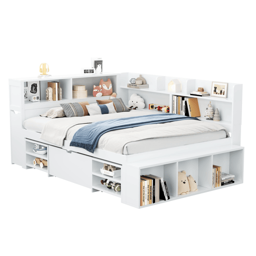 Cama em MDF 140x200 cm - com arrumação multifunções e uma pequena estante extraível - com estrado de ripas - Branco