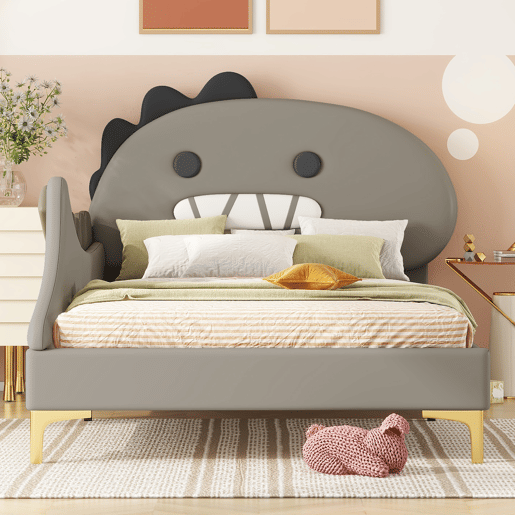 Cama de criança 90x200 cm - em forma de dinossauro - em pele sintética - Cinzento