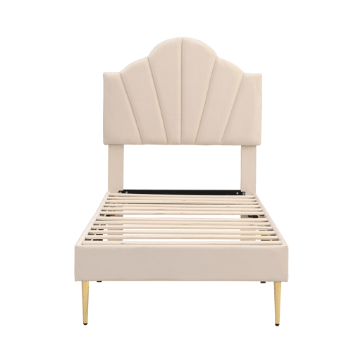 Cama de criança em veludo - 90x200cm - cabeceira em forma de concha - Bege