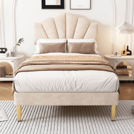 Cama de criança em veludo - 90x200cm - cabeceira em forma de concha - Bege