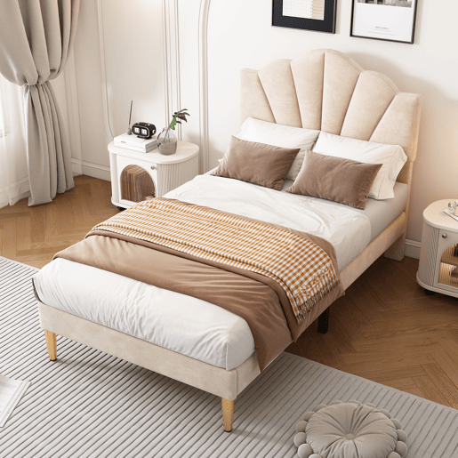Cama de criança em veludo - 90x200cm - cabeceira em forma de concha - Bege