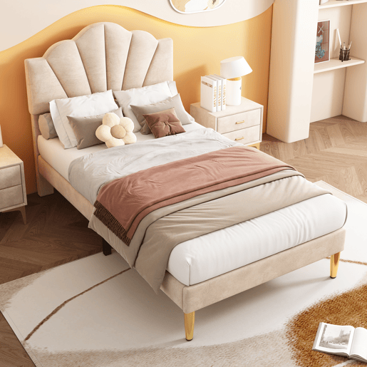 Cama de criança em veludo - 90x200cm - cabeceira em forma de concha - Bege