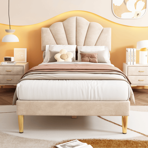 Cama de criança em veludo - 90x200cm - cabeceira em forma de concha - Bege