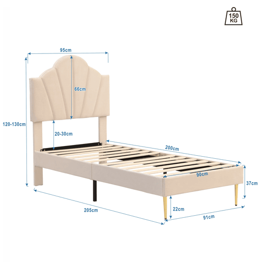 Cama de criança em veludo - 90x200cm - cabeceira em forma de concha - Bege